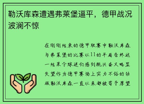 勒沃库森遭遇弗莱堡逼平，德甲战况波澜不惊