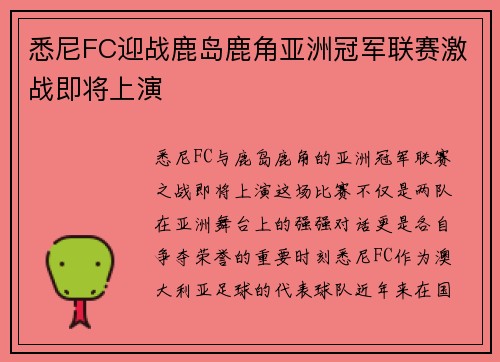 悉尼FC迎战鹿岛鹿角亚洲冠军联赛激战即将上演